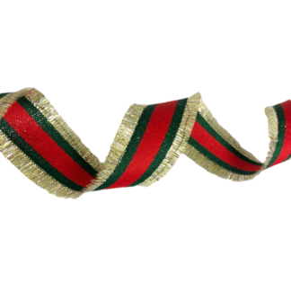 Red and green striped cotton ribbon with golden and silvery fringes by metre - width 32 mm