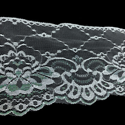 Iridescent green glittery white net lace ribbon by metre - width 145 mm
