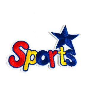 Red yellow and blue word Sports and star on white iron-on garment sticker by piece - size 65 x 95 mm
