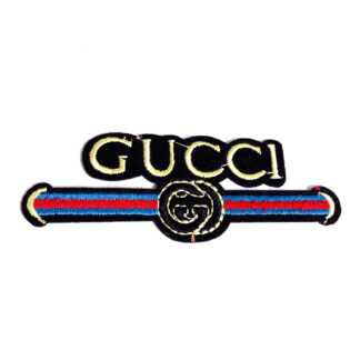 Red and blue ribbon yellow GUCCI logo iron-on garment sticker by piece - size 33 x 97 mm