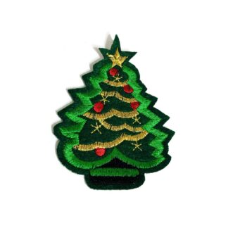 Golden and red decorated green Christmas tree iron-on garment sticker by piece - size 59 x 75 mm
