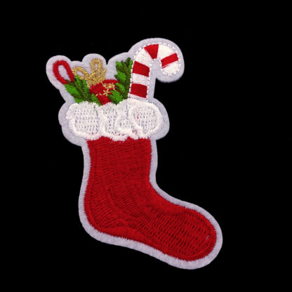 Embroidered red sock with candy and tree decoration iron-on garment sticker by piece - size 50 x 84 mm