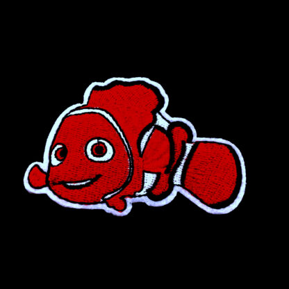 Black and red fish on white iron-on garment sticker by piece - size 52 x 75 mm