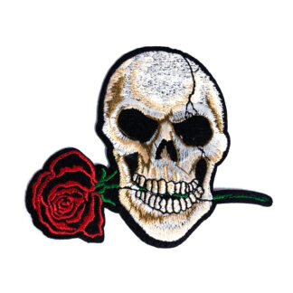 White and brown skull with red and green rose on black iron-on garment sticker by piece - size 95 x 100 mm