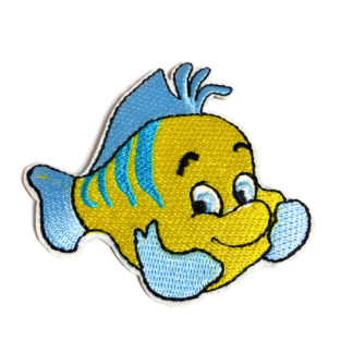 Yellow and light blue fish iron-on garment sticker by piece - size 67 x 70 mm