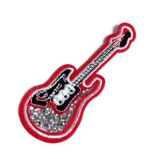 Red white and black guitar with silvery rhinestones iron-on garment sticker by piece - size 40 x 105 mm