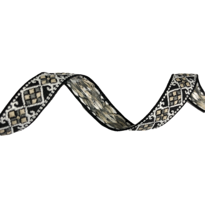 Embroided ethnic black ribbon with white grey and yellow pattern by metre - width 15 mm