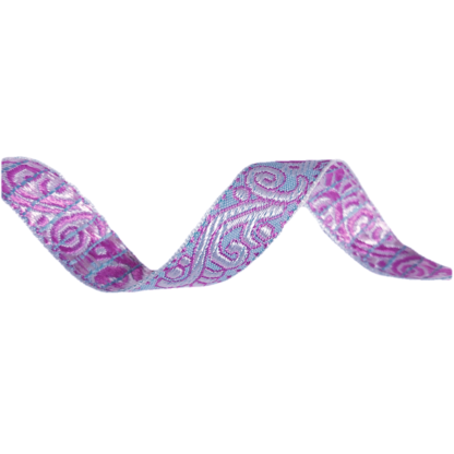 Embroided ethnic light blue ribbon with pink pattern by metre - width 14 mm