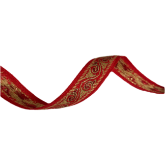 Embroided ethnic red ribbon with golden wavy pattern by metre - width 15 mm