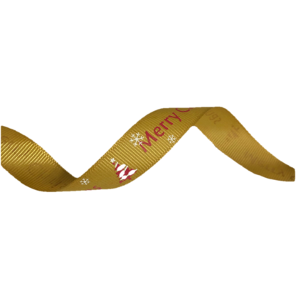 Greyish yellow grosgrain ribbon with white snowflakes trees and words Merry Christmas in red by metre - width 15 mm