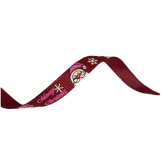 Maroon grosgrain ribbon with pink words Merry Christmas white snowflakes Santa Claus head by metre - width 10 mm
