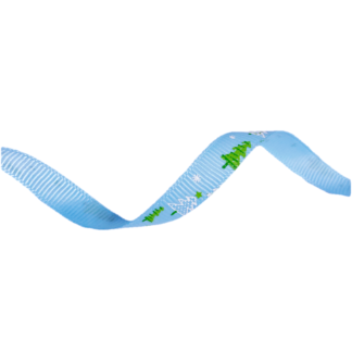 Light blue grosgrain ribbon with decorated white and green trees, and snowflakes for Christmas and New Year by metre - width 10 mm