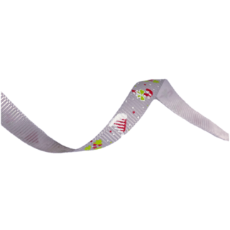 Light grey grosgrain ribbon with red and white Christmas hat candy stick snowflakes and red berries by metre - width 10 mm