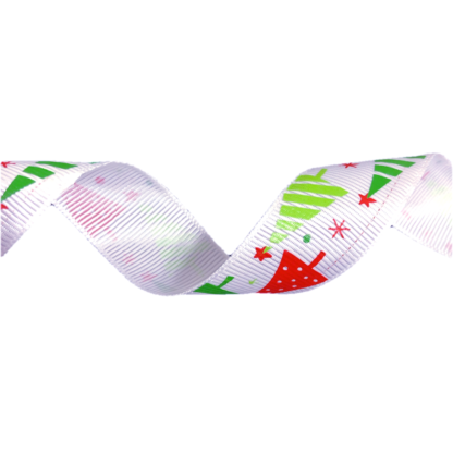 Red green trees stars white grosgrain ribbon - width 25 mm