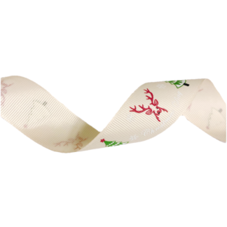 Cream yellow grosgrain ribbon with words Christmas Day in white snowflakes green tree red antlers stag head by metre - width 25 mm
