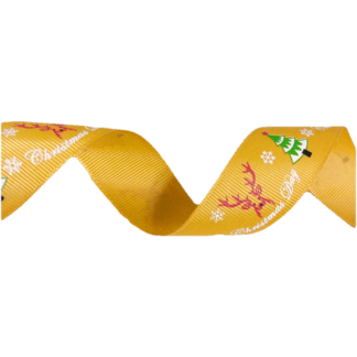 Greyish orange grosgrain ribbon with words Christmas Day in white snowflakes green tree red antlers stag head by metre - width 25 mm