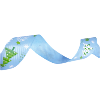 Light blue grosgrain ribbon with decorated white and green trees, and snowflakes for Christmas and New Year by metre - width 25 mm