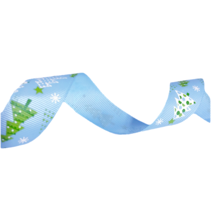 Light blue grosgrain ribbon with decorated white and green trees, and snowflakes for Christmas and New Year by metre - width 25 mm