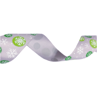 Grey grosgrain ribbon with green balls and white snowflakes by metre - width 25 mm