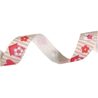 Cream and brown striped grosgrain ribbon with red flowers white hearts birds and houses by metre - width 22 mm