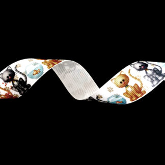 White grosgrain ribbon with colourful cats and fish in aquarium by metre - width 22 mm