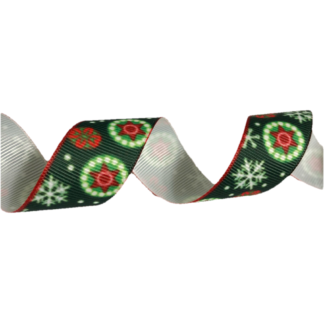 Dark green grosgrain ribbon with red stars white snowflakes and flowers by metre - width 22 mm