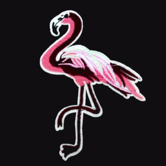 Pink green and red brown bird on white iron-on garment sticker by piece - size 95 x 135 mm