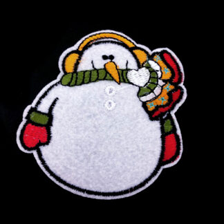 Black and white snowman with red green and orange nose mittens scarf and headphone iron-on garment sticker by piece - size 80 x 85 mm