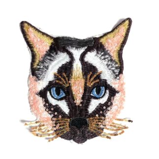 Golden brown pink and grey sequins embroidered cat head with blue eyes garment applique by piece - 180 x 200 mm