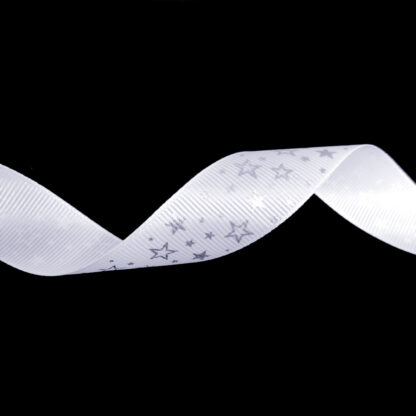 White grosgrain ribbon with silvery stars by metre - width 24 mm