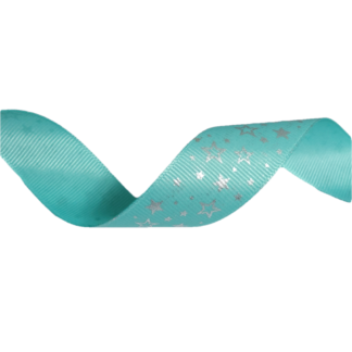 Light green grosgrain ribbon with silvery stars by metre - width 25 mm