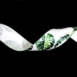 White satin ribbon with green leaves by metre - width 26 mm