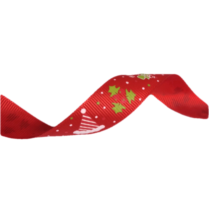 Red grosgrain ribbon with white hats green leaves berries and candies by metre - width 20 mm