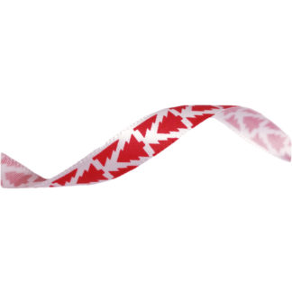 White satin ribbon with red coniferous trees by metre - width 10 mm