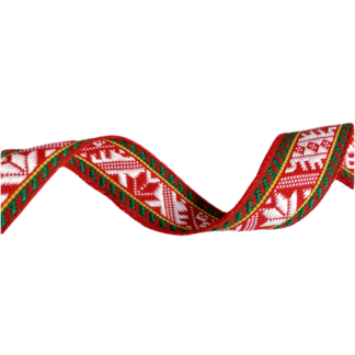 Embroided ethnic red ribbon with green yellow and white pattern by metre - width 25 mm