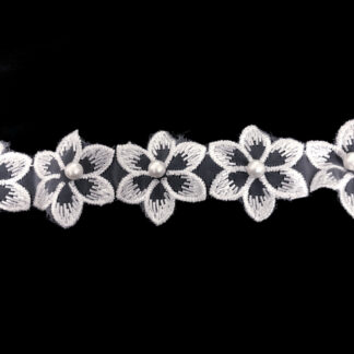 Embroided white flowers organza ribbon with pearly beads by metre - width 35 mm