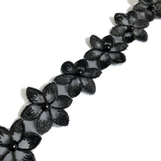 Black flowers lace with beads by metre - width 35 mm