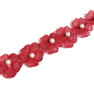 Red lace flowers organza ribbon with white pearly beads by metre - width 30 mm