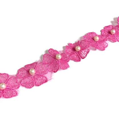 Pink lace flowers organza ribbon with white pearly beads by metre - width 30 mm