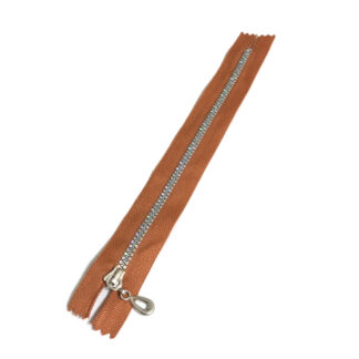 Orange brown zipper with iridescent plastic teeth and metal slider - length 20 cm