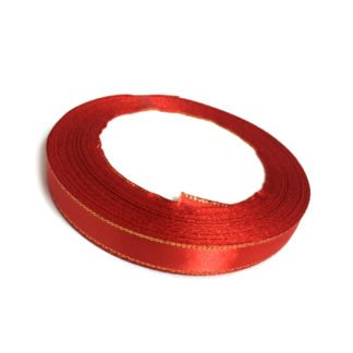 Red satin ribbon with golden thread edges by roll - width 10 mm - length 22.86 metres