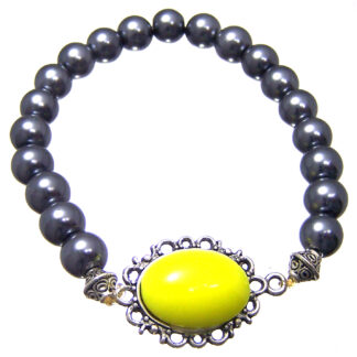 Oval yellow cabochon on silvery metal base bluish dark grey beads bracelet - diametre 8 mm