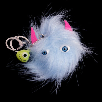 Pink horns blue eyes hairy monster green-eyed cyclop head bell silvery metal chain key ring - diametre 80 mm