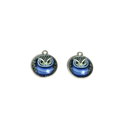 Blue owl glass dome cabochon round flat-back silvery metal pendant - diametre 18 mm