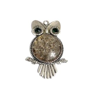 Green eyes golden brown body silvery metal owl pendant - size 35 x 55 mm