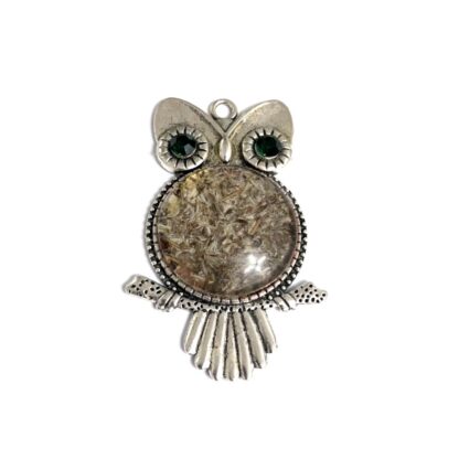 Green eyes golden brown body silvery metal owl pendant - size 35 x 55 mm