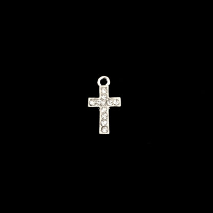 Clear rhinestones silvery metal cross pendant - size 10 x 18 mm