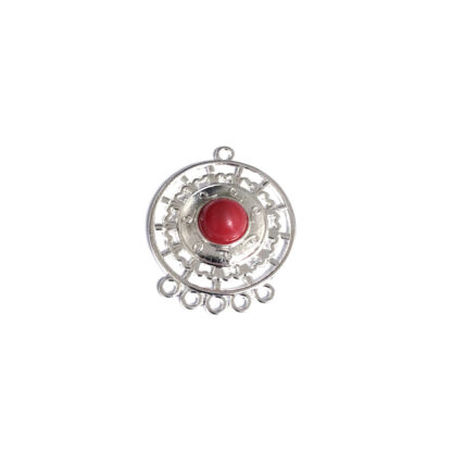 Silvery white metal 5 hole earring connector pendant with red cabochon - size 31 mm