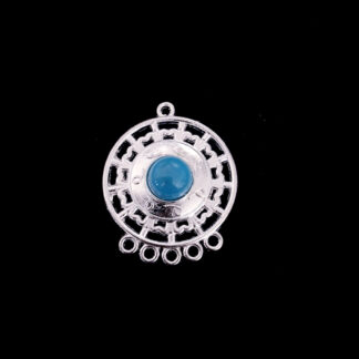 Silvery white metal 5 hole earring connector pendant with blue cabochon - size 30 x 38 mm