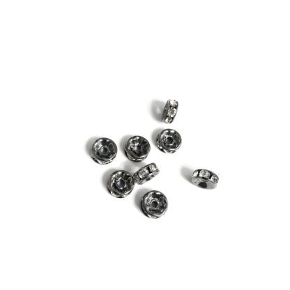 Flat round dark grey spacer beads with clear rhinestone - diametre 7 mm - 10 pieces